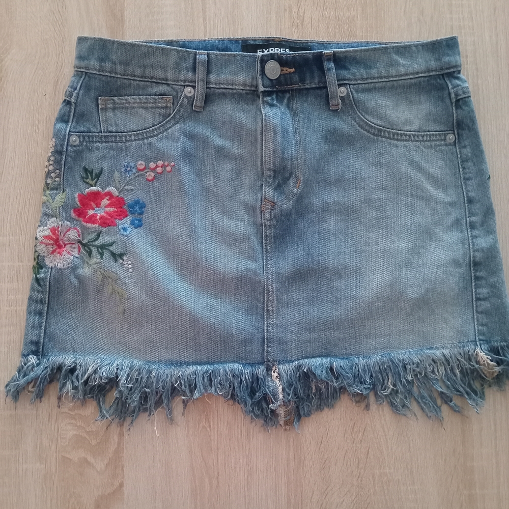 Express Blue Denim Skirt with Floral Embroidery